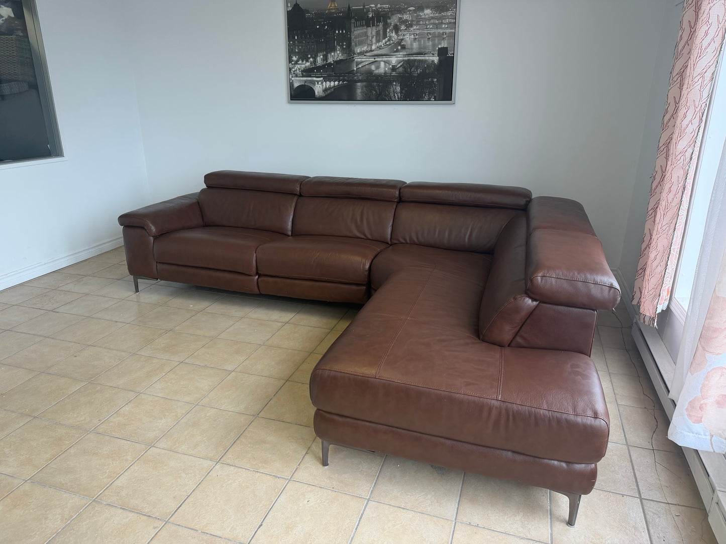 Sectionnel Électrique en Cuir Véritable Brun