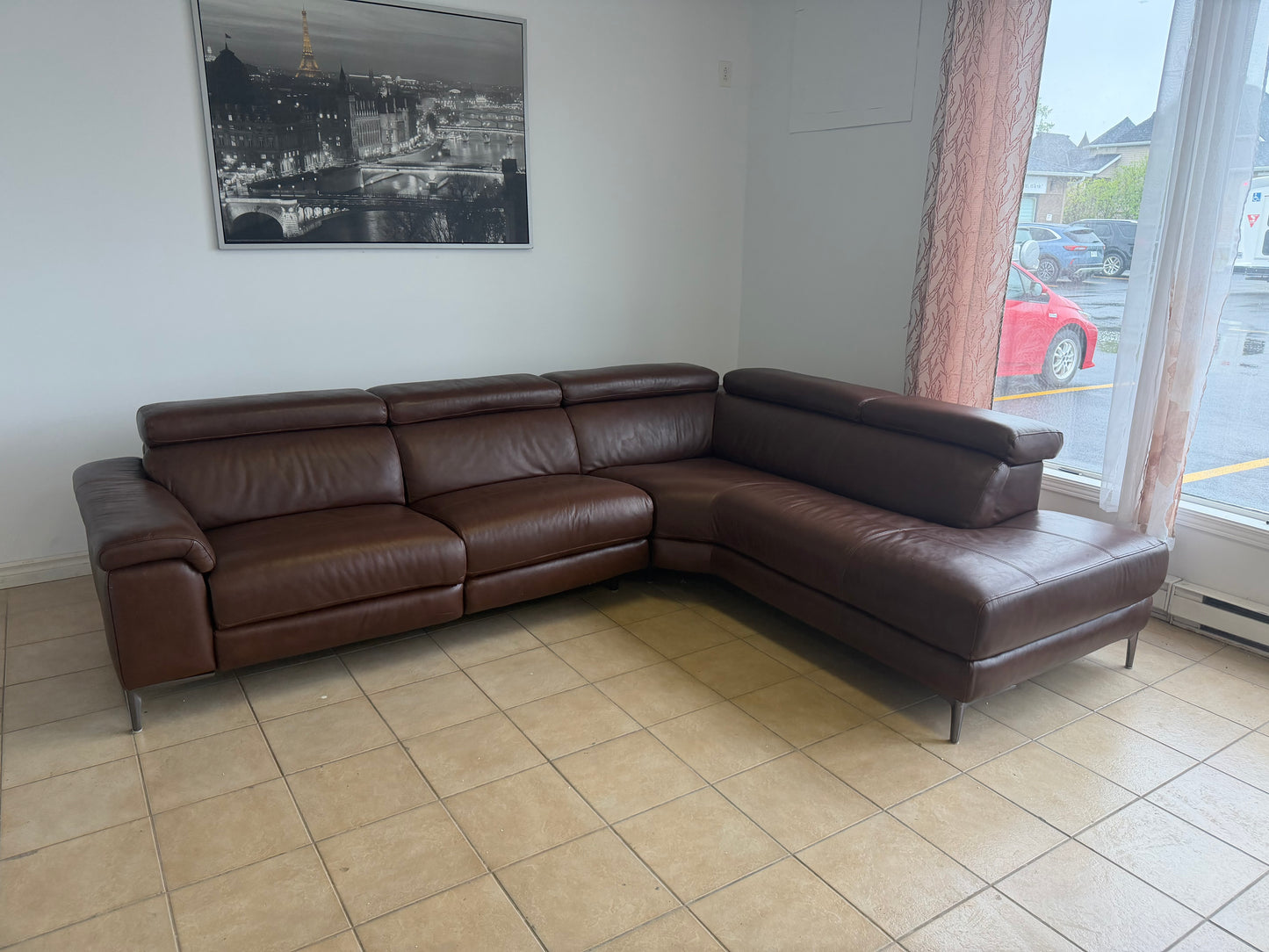 Sectionnel Électrique en Cuir Véritable Brun