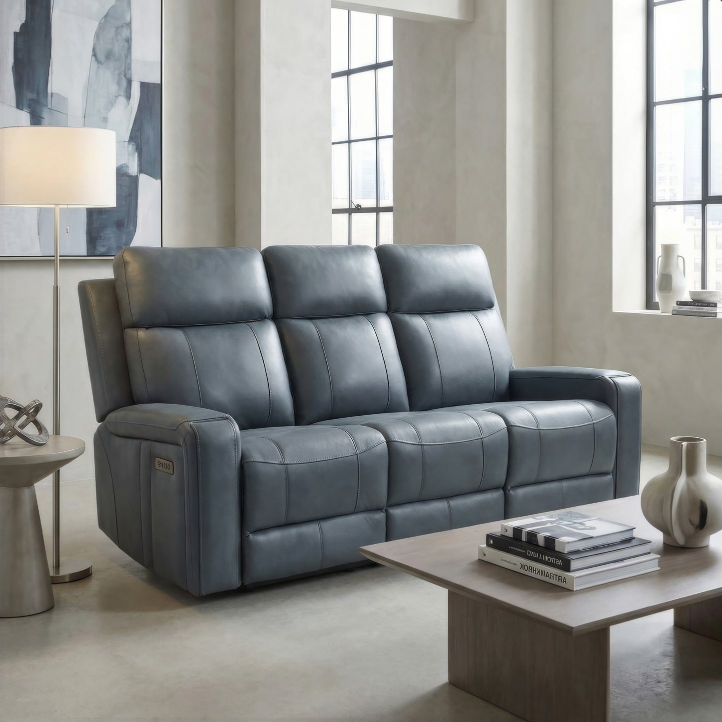 KREPUSCULO - Three-Seater Electric Reclining Leather Sofa in Blue