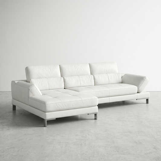 White leather sectional sofa with adjustable backrests and armrests